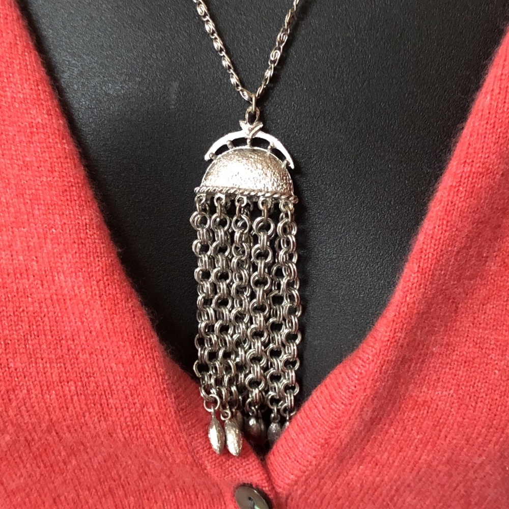 Vintage Silver Statement Drop Chain Dangle Pendan… - image 4